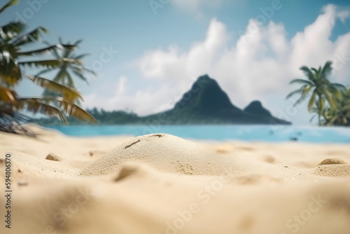 summer vacation concept, tropical sandy beach with green leaves of a palm trees, free space for text. Generative AI