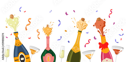 Champagne bottles set. Collection of alcoholic drinks with confetti and fireworks, glasses and festival.