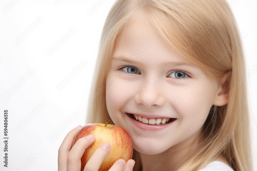 Pretty little blond girl with an apple closeup, white background. Generative AI