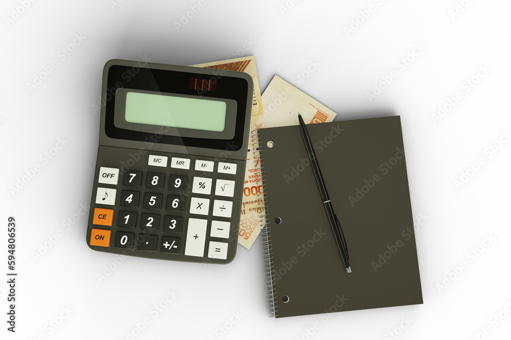 3D rendering of a composition of Venezuelan bolivar notes, a calculator, a note book and a pen isolated on transparent background. Tax background design concept 3D rendering of a composition of Venezuelan bolivar notes, a calculator, a note book and a pen isolated on transparent background. Tax background design concept