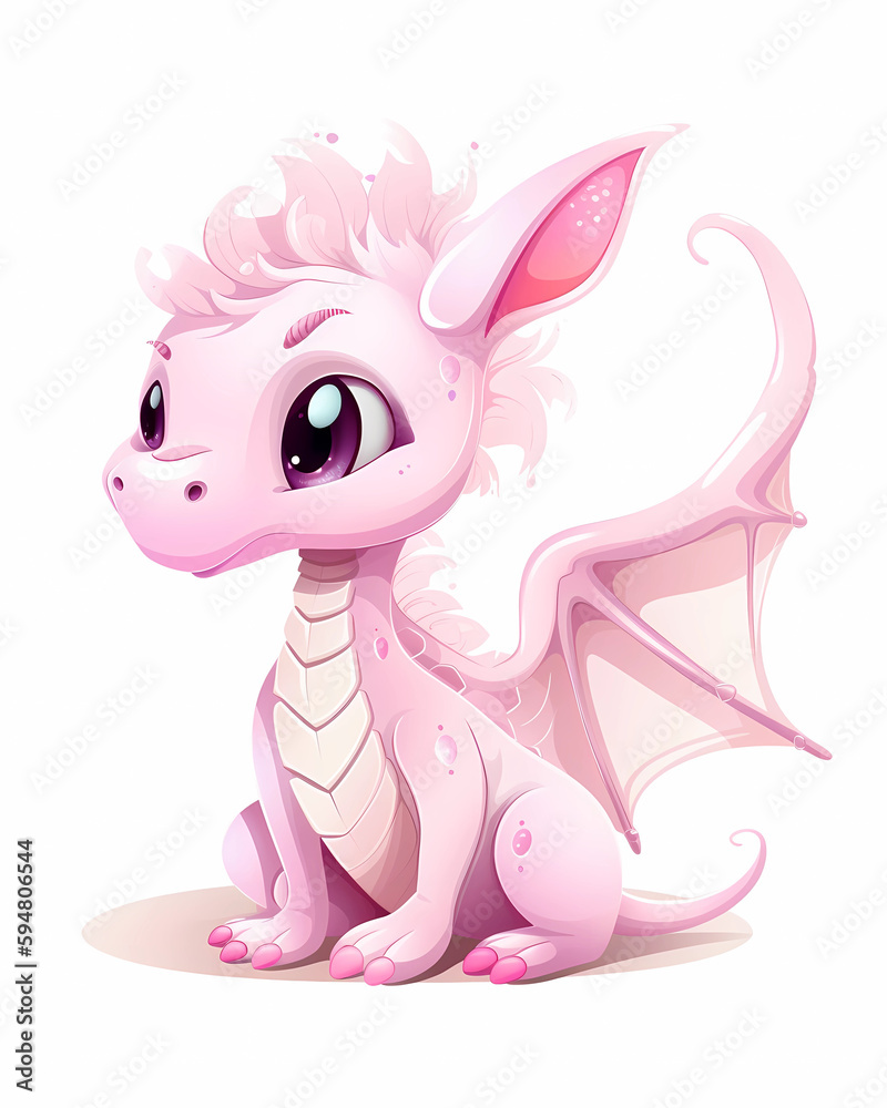 cute pink cartoon dragon isolated on white background, generative ai