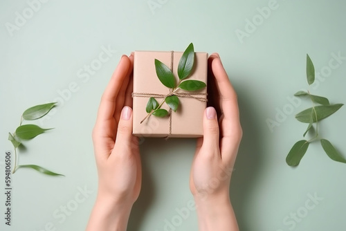 Woman hands holding giftbox decorated with green glossy leaves, flatlay. Generative AI