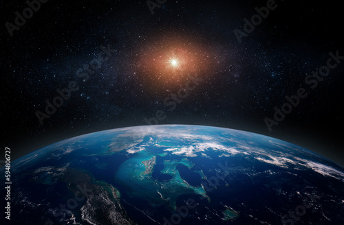 Panoramic view of the Earth and star. Sunrise over planet Earth, view from space. Elements of this image furnished by NASA