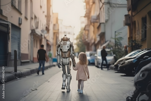 robot babysitter leads a little girl by the hand along a city street. Concept of robots replace people. Generative AI © Aliaksandra