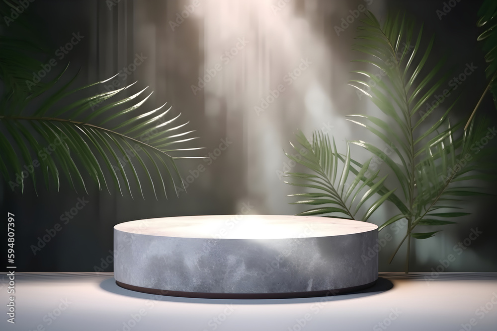 Background products, a podium with stone pedestals and palm leaves on the background, a stand to show cosmetic products. Free space for text. Generative AI Background products, a podium with stone pedestals and palm leaves on the background, a stand to show cosmetic products. Free space for text. Generative AI