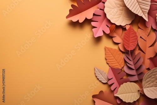 Autumn leaves in paper craft style with copy space text area created with Generative AI