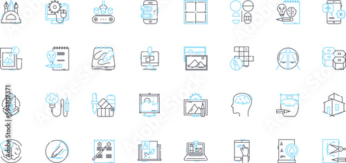 Image processing linear icons set. Pixels, Filters, Segmentation, Compression, Enhancement, Colorization, Features line vector and concept signs. Analysis,Recognition,Restoration outline illustrations