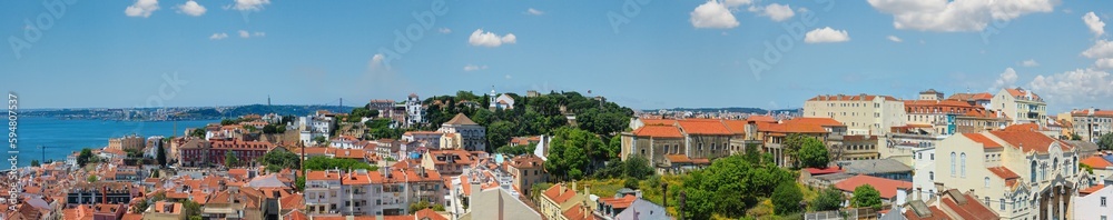 Lisbon city summer top panorama, Portugal. People are unrecognizable. Six shots stitch high-resolution panorama.
