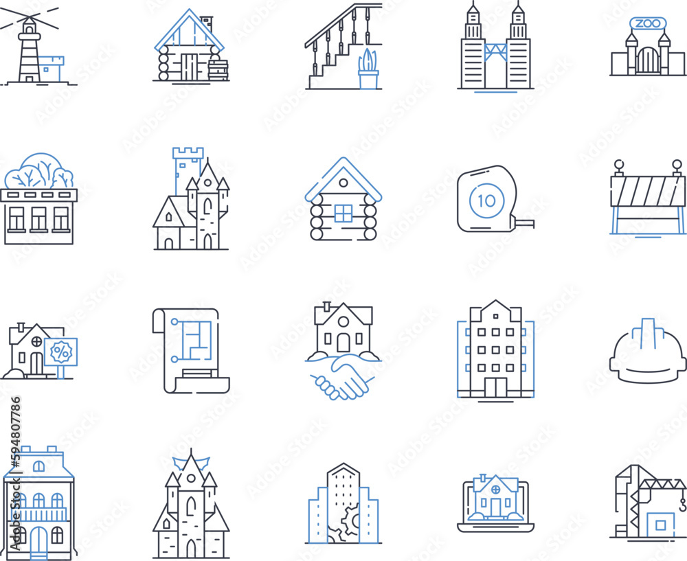 Real estate finance technology line icons collection. Mortgage, Investments, Blockchain, Crowdfunding, Valuations, Analytics, Proptech vector and linear illustration. Appraisals,Due diligence,Fintech
