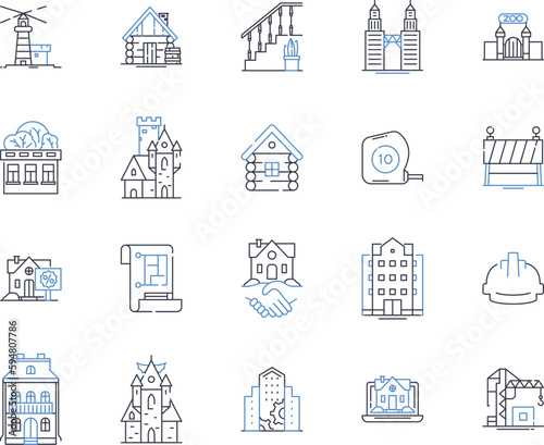 Real estate finance technology line icons collection. Mortgage, Investments, Blockchain, Crowdfunding, Valuations, Analytics, Proptech vector and linear illustration. Appraisals,Due diligence,Fintech