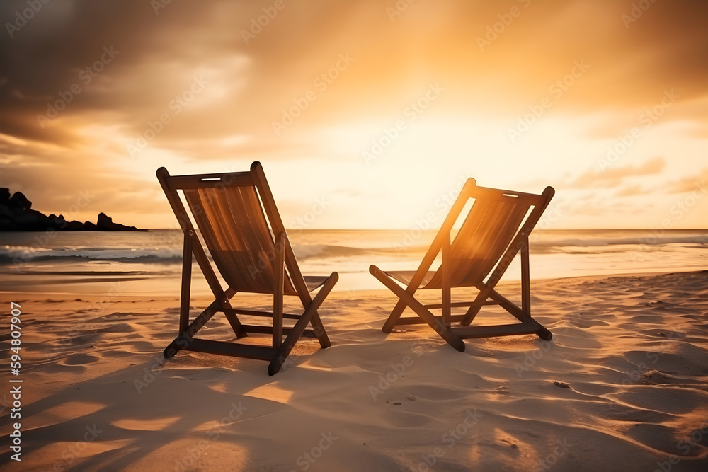 Chairs on the sandy beach, golden sunset over the sea, tropical holiday concept. Generative AI