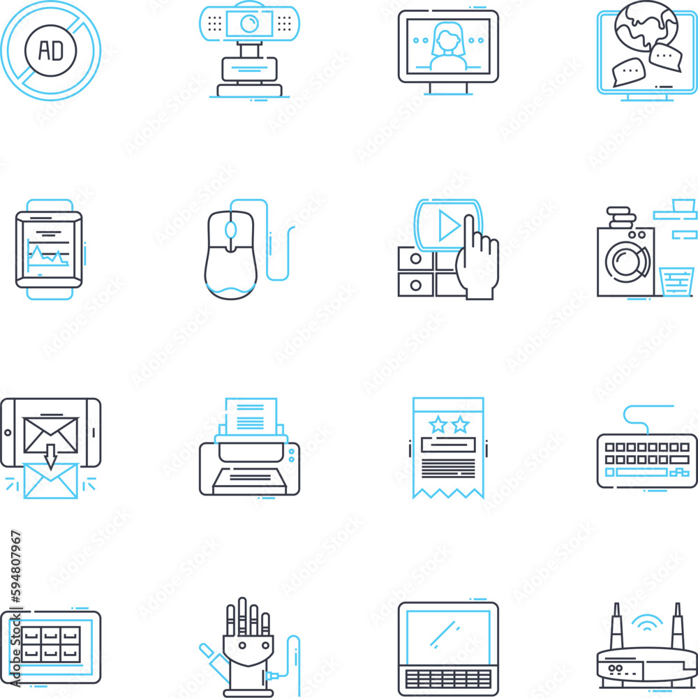 Digital media linear icons set. Broadcasting, Streaming, Interactivity, Content, Video, Audio, Graphics line vector and concept signs. Animation,Design,Viral outline illustrations Digital media linear icons set. Broadcasting, Streaming, Interactivity, Content, Video, Audio, Graphics line vector and concept signs. Animation,Design,Viral outline illustrations