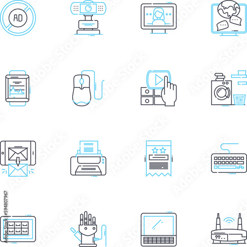 Digital media linear icons set. Broadcasting, Streaming, Interactivity, Content, Video, Audio, Graphics line vector and concept signs. Animation,Design,Viral outline illustrations