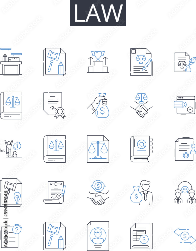 Law line icons collection. Justice, Legislation, Rulebook, Statute, Decree, Regulation, Bylaw vector and linear illustration. Code,Statutory law,Ordinance outline signs set