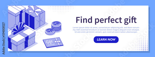 Find perfect gift banner. Present boxes, vouchers and coupons, coins. Special offer, electronic commerce and marketing, advertising. Landing page design. Cartoon isometric vector illustration