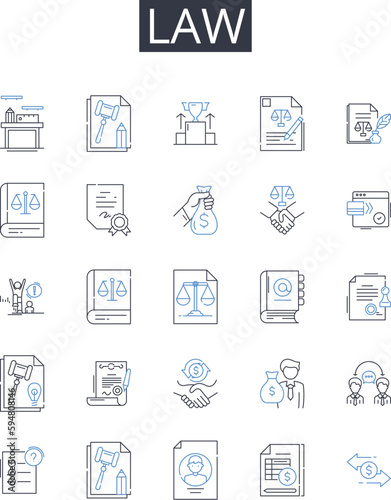 Law line icons collection. Justice, Legislation, Rulebook, Statute, Decree, Regulation, Bylaw vector and linear illustration. Code,Statutory law,Ordinance outline signs set
