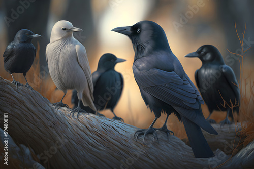 A white crow among many black crows, not like everyone else. Concept of individual stranger in society. Generative AI