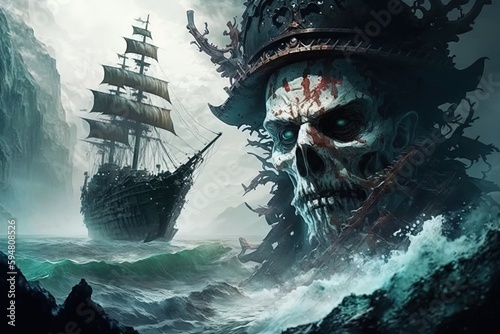 a pirate ship in the ocean with a skull on it Generative AI