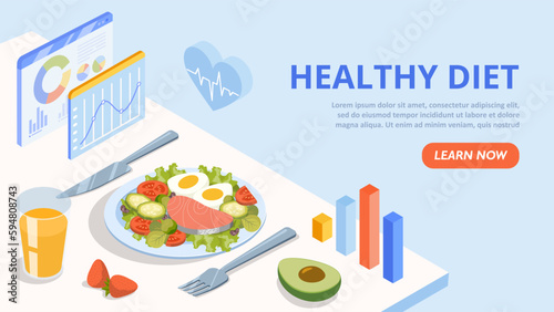 Healthy diet concept. Proper nutrition and vegetarian diet. Fish with scrambled eggs with cabbage and tomatoes. Salad with meat. Avocado and strawberry, juice. Cartoon isometric vector illustration