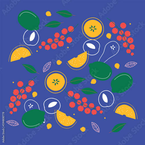 Appetizing fruit and berries collection. Decorative abstract horizontal banner with colorful doodles. Hand-drawn modern illustrations with fruit and berries, abstract elements. Abstract series
