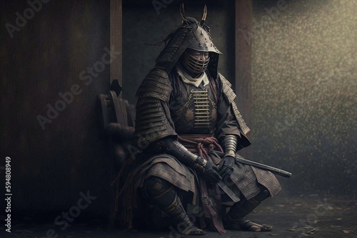 a man dressed in armor sitting on a bench Generative AI