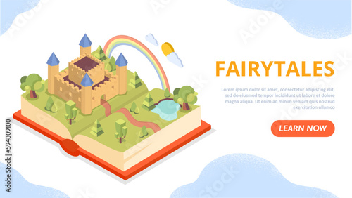Fairytales book concept. Fiction for children. Big castle in clearing with rainbow, middle ages and history. Imagination and fantasy, dream. Landing page. Cartoon isometric vector illustration
