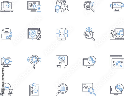 Look up line icons collection. Research, Investigate, Explore, Scan, Scrutinize, Analyze, Examine vector and linear illustration. Check,Seek,Survey outline signs set