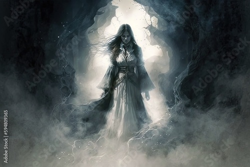 a woman in a white dress standing in a dark cave Generative AI