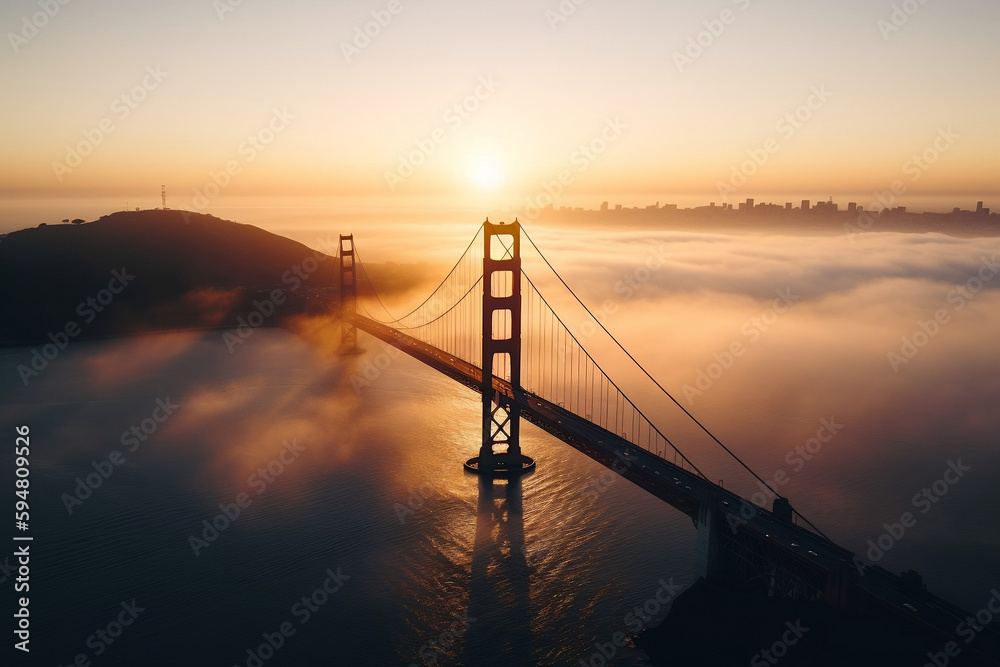   The Golden Gate Bridge, photographed from a drone at sunrise with the bridge partially obscured by fog. The shot captures the bridge's iconic shape and location
