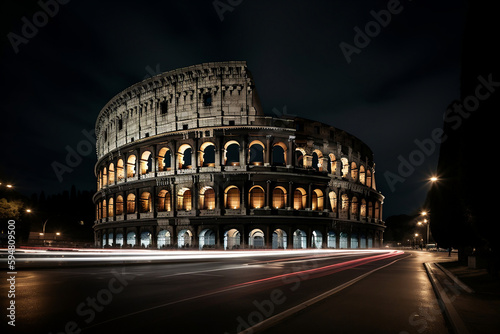 The Colosseum in Rome, photographed at night with a long exposure to capture the light trails of passing cars and create a moody atmosphere