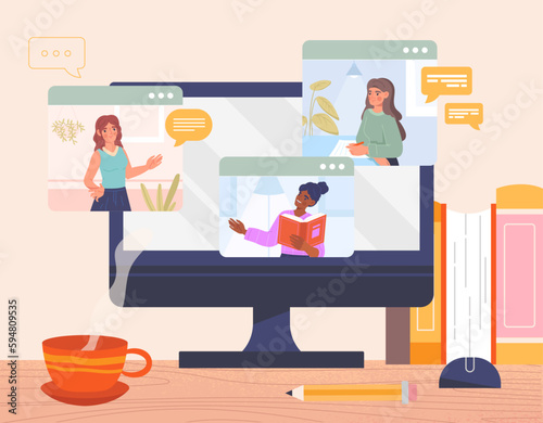 Video conference concept. Women communicate on Internet. Remote employees or colleagues working on common project. Webinar and online seminar, meeting workspace. Cartoon flat vector illustration