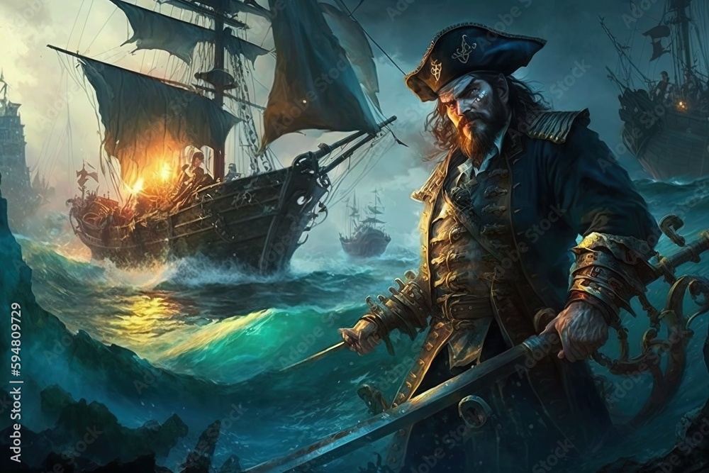 a man in a pirate costume holding a sword in front of a ship Generative AI a man in a pirate costume holding a sword in front of a ship Generative AI