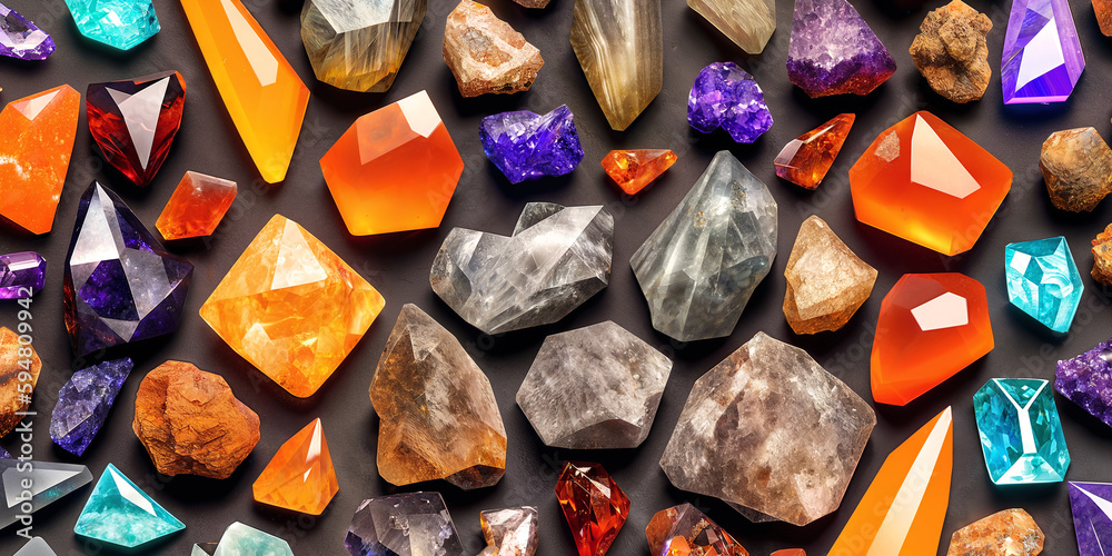 A lot of crystals and gemstones on a dark background. Natural minerals such as agate, amber, amethyst, quartz and others. A scattering of precious stones. Generative AI A lot of crystals and gemstones on a dark background. Natural minerals such as agate, amber, amethyst, quartz and others. A scattering of precious stones. Generative AI