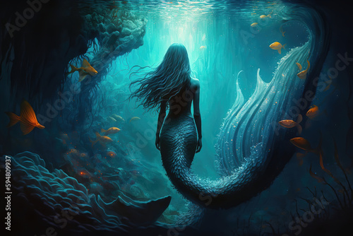 Tela Beautiful mermaid swimming in the depths, illustration generative AI