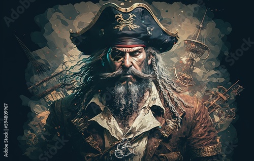 a man with a beard and a pirate hat Generative AI photo