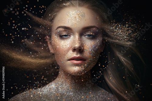 a illustration of a woman with glitter all over her face Generative AI
