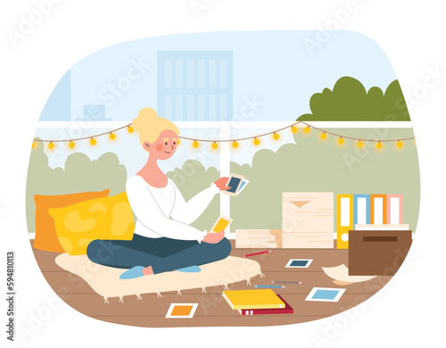 Sorting photos and documents. Young girl sits on floor and looks at memories, old footage. Character with colorful frames and picture and her hands. Cartoon flat vector illustration