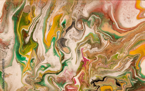 Creative multicolored acrylic paint pouring, fluid art background with abstract painted waves © Maria