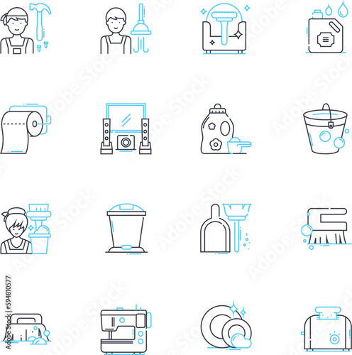 Dry cleaning linear icons set. Stain, Fabric, Garment, Pressing, Laundry, Wardrobe, Ironing line vector and concept signs. Apparel,Steam,Clothes outline illustrations