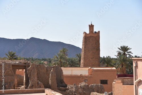 Stone minaret of oldest mosque in Oasis of Figuig, Oriental province, Eastern Morocco photo