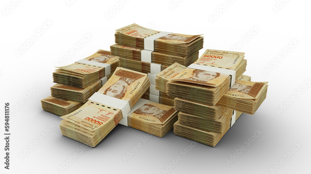Stack of Venezuelan bolivar notes. 3D rendering of bundles of banknotes Stack of Venezuelan bolivar notes. 3D rendering of bundles of banknotes