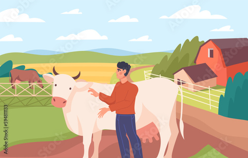 Farm worker and livestock. Man stands on farm next to large white cow. Young guy in village and countryside, rural landscape. Farmer and cattle. Cartoon flat vector illustration