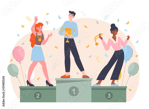 Champions on pedestal. Man with cup and women with gold medals stand on podium and celebrate success. Successful team of employees or athletes. Award and reward. Cartoon flat vector illustration