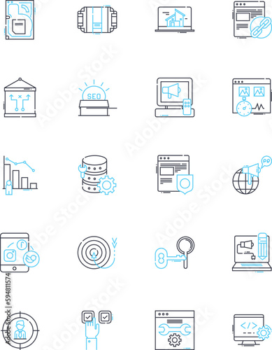 Product branding linear icons set. Identity, Logo, Recognition, Consistency, Trust, Differentiation, Image line vector and concept signs. Messaging,Story,Repositioning outline illustrations