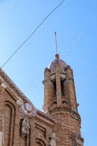 Detail of mosaic decorated facade of historic Columbus market (Mercado de Colon). VALENCIA, SPAIN. photo