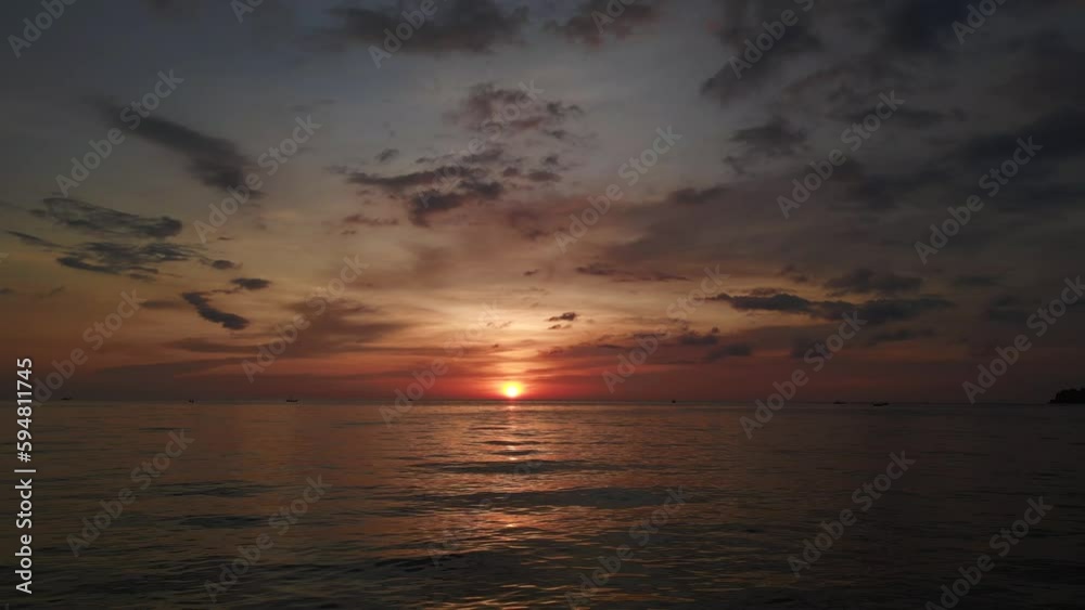Perfect orange sunset, sun a small round ball. Gorgeous aerial view flight drone Perfect orange sunset, sun a small round ball. Gorgeous aerial view flight drone