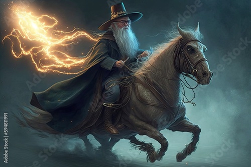 a wizard riding a horse with a long white beard Generative AI