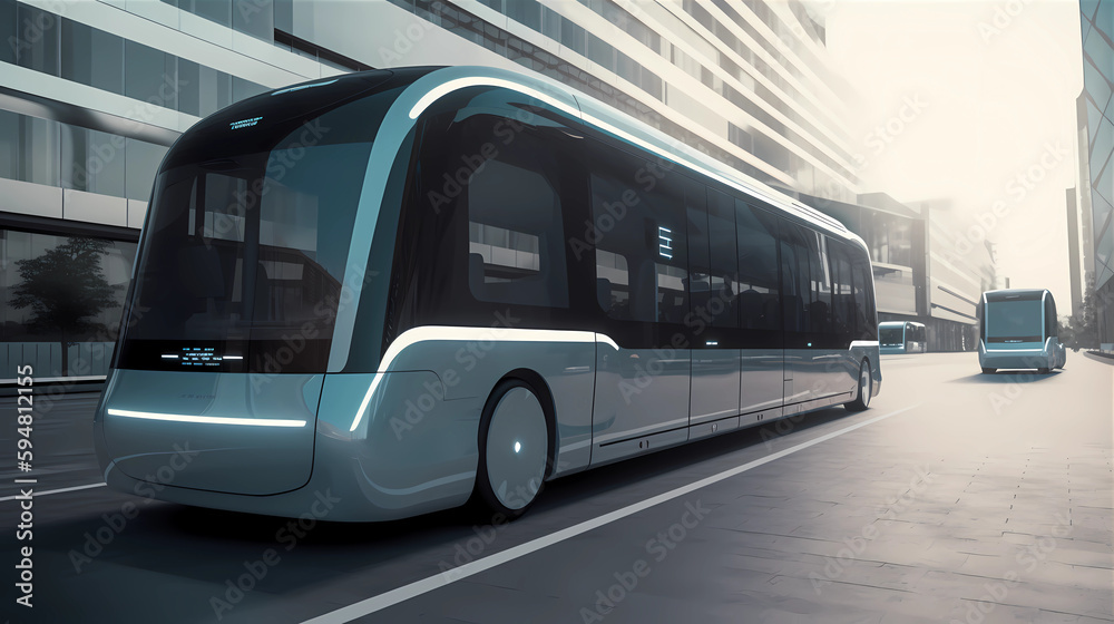 Future of urban autonomous mobility city bus.  Public transport concept. Autonomous electric bus self driving on street in urban city. generative AI