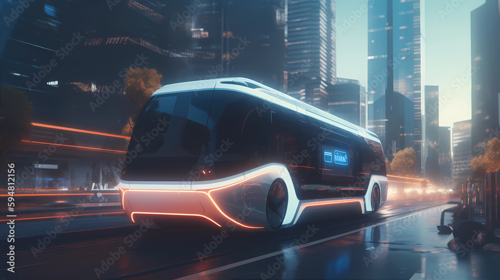 Future of urban autonomous mobility city bus.  Public transport concept. Autonomous electric bus self driving on street in urban city. generative AI