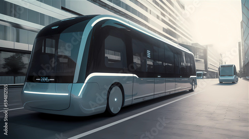 Future of urban autonomous mobility city bus.  Public transport concept. Autonomous electric bus self driving on street in urban city. generative AI © cwiela_CH
